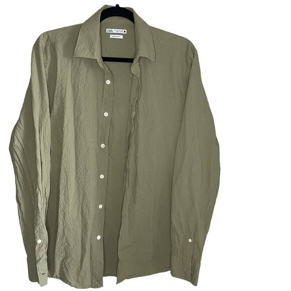 Zara Olive Green Relaxed Fit Long Sleeve Button Down Blouse Top Women Size Small - Picture 2 of 5